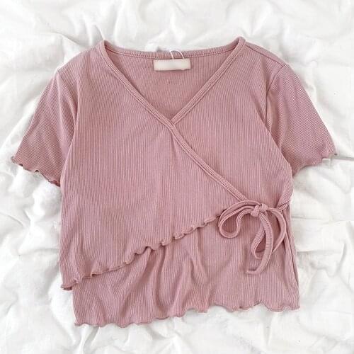 Retro pit strip wave side strap summer V-neck slim short wild short-sleeved T-shirt