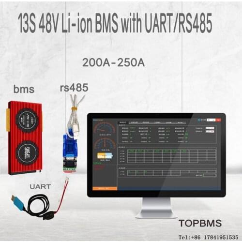 13S 48V Li-ion BMS 200A250A with Bluetooth phone APP RS485 CANbus NTC UART GPS for Li-ion Batteries 3.7V connected in 13 series