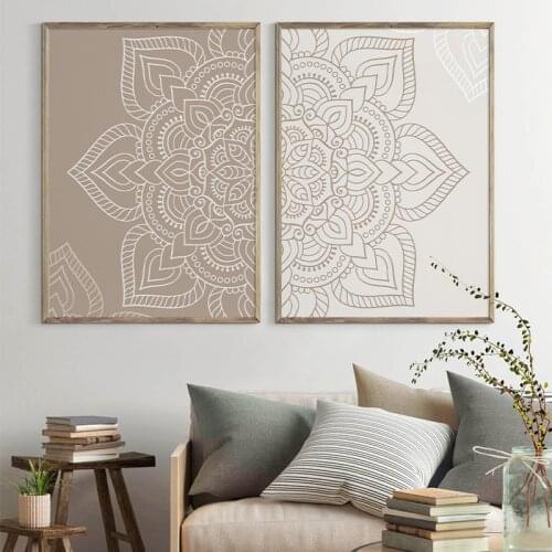 Mandala Floral Beige Neutral Colors Boho Wall Art Print Canvas Painting Poster Picture Zen Yoga Living Room Home Interior Decor