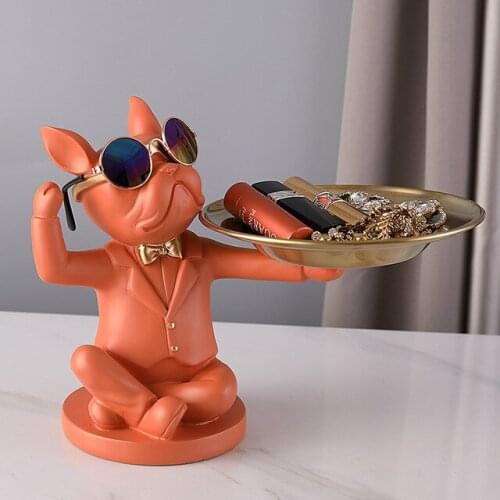 Nordic Resin French Fighting Dog Metal Storage Tray Accessorie Home room Table Sculpture Crafts Hotel Store Ornaments Decoration