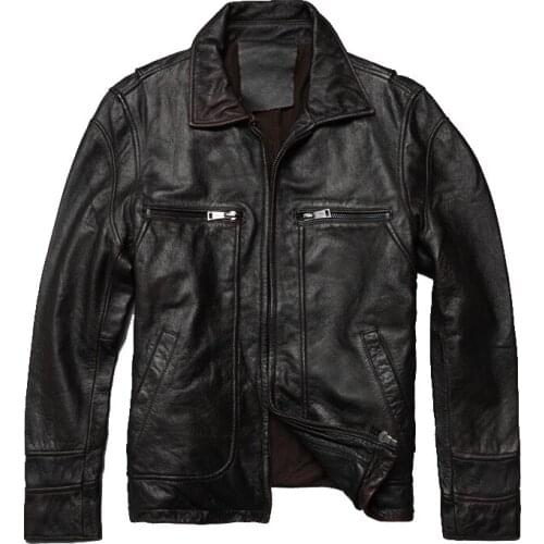 2019 New Men Retro Vintage Brown Genuine Leather Jacket Fashion Motorcycle Jackets Thick Cowhide Winter Coats Free Shipping
