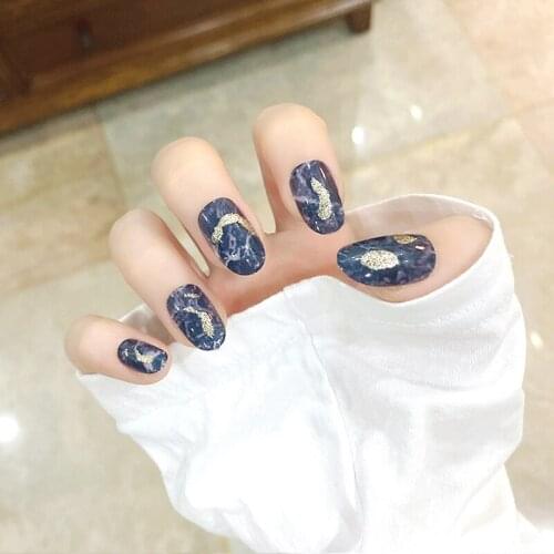 Fake Nails Blue-gray Marbled Gold Foil Polished Nail Stickers Finished Nail Stickers 24 Nail Stickers With Glue Nail Art