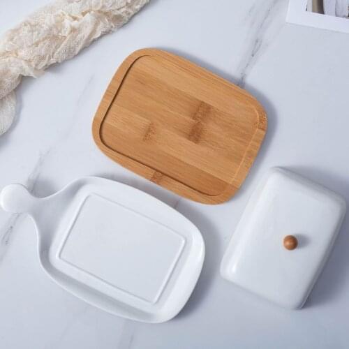 Nordic Butter Sealing Box,Ceramic Butter Plate,White,With Wood Lid Cheese Storage Tray Butter Dish Container Box