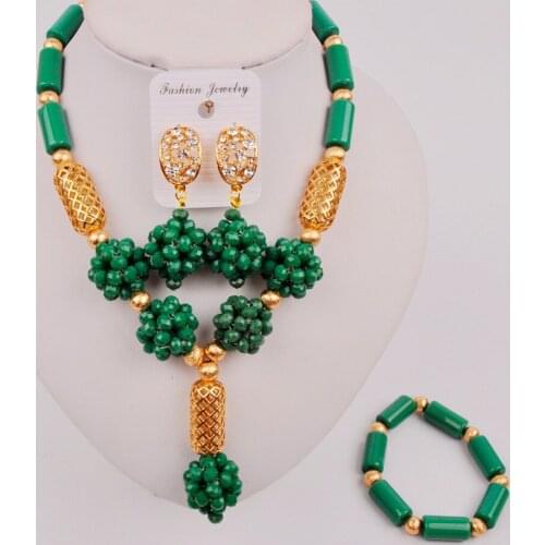 Latest Opaque Green Crystal Necklace Nigerian Wedding Beads African Fashion Jewelry Set SJZQ6-3