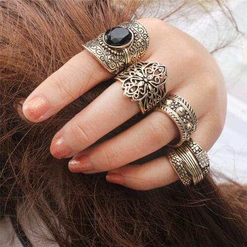 New Woman Black stone-enhanced wide index finger ring price girl vintage carved gold shinny bohemian 4 piece one set