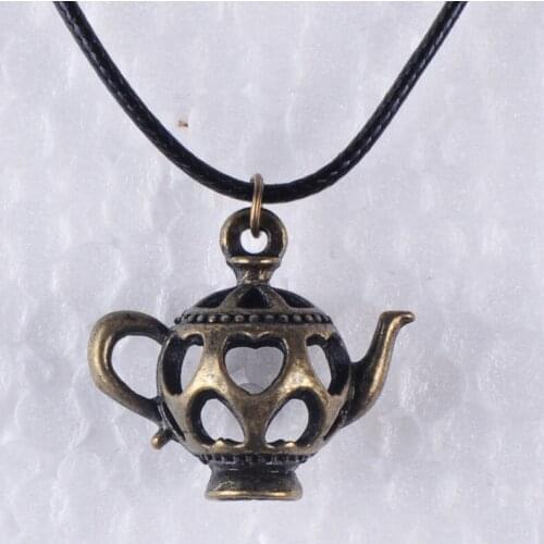 Vintage antique bronze 3D hollowed heart teapot pendant necklace for women wax cord rope necklace metal jewelry alloy jewellery