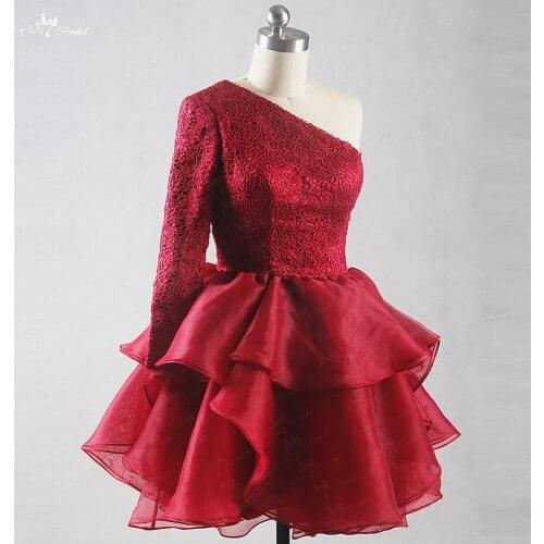 RSE815 One Shoulder Sleeves Prom Dresses Short Red Puffy Dresses Organza Ruffle New Years Cocktail Dresses