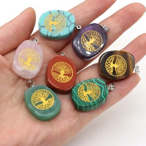 Natural Stone Life Tree Pendant Malachite Crystal Chakras Lucky Stone Charms for Jewelry Making DIY Necklace Accessories 20x30mm