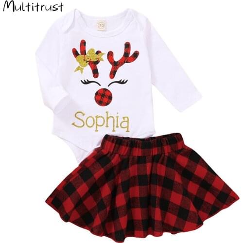 Christmas Clothes 2PCS Baby Girl’s Clothes Cartoon Elk Pattern Long-sleeved Jumpsuit and Fashion Plaid A-line Short Skirt