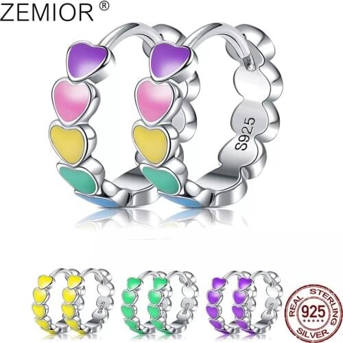 ZEMIOR Genuine S925 Sterling Silver Rainbow Color Enamel Heart Hoop Earrings for Women 2021 New Ear Hoops Female Fine Jewelry
