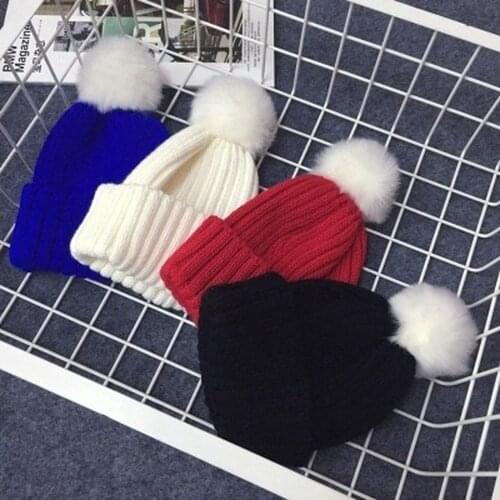 Newborn Girls Warm Winter Fur Children Cap Pompom Ball Baby Hat Knitted Cotton Baby Knitted Wool Ball Hat