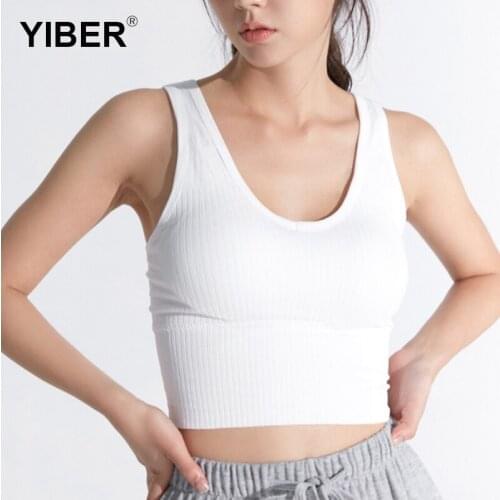 White Tank Top Beautiful Back Crop Tops Women 2021 Summer Push Up Sports Bra Knitted V Neck Short Tops Chest Pad Vest