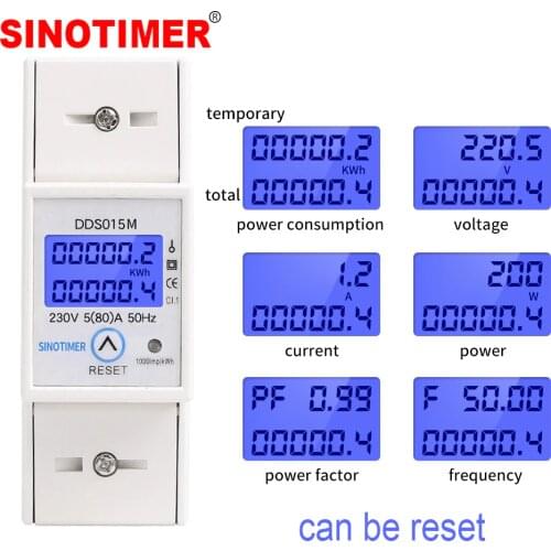 DIN Rail 5-80A 230V AC 50Hz Single Phase Wattmeter Power Consumption Watt Electric Energy Meter kWh with Reset Function