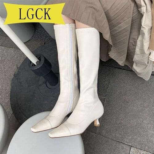 Plus Size 34-40 Heels Boots Women Knee High Boots Thick High Heels Boots Square Toe Shoes Female Shoes Ladies Warm Winter Boots