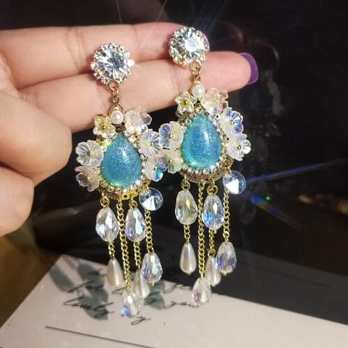 Water Drop Crystal Earrings for Women Long Tassel Pearl Dangle Earrings Statement Jewelry