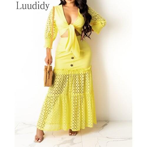 Women Solid Color Hollow Tie Front Shirring Top & Frill Hem Maxi Skirt 2 Piece Sets