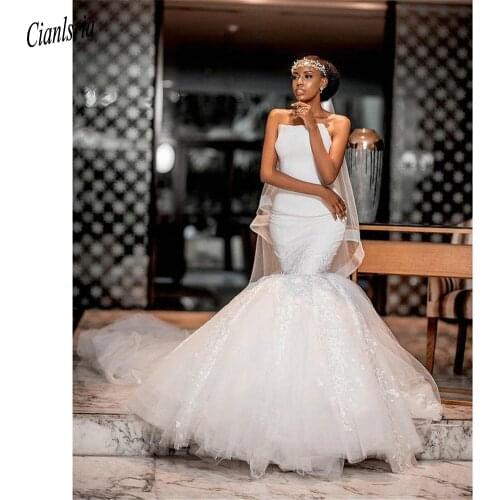 Modern Strapless Backless Long Mermaid Wedding Dresses Appliques Lace African Bridal Gowns Vestido De Novia