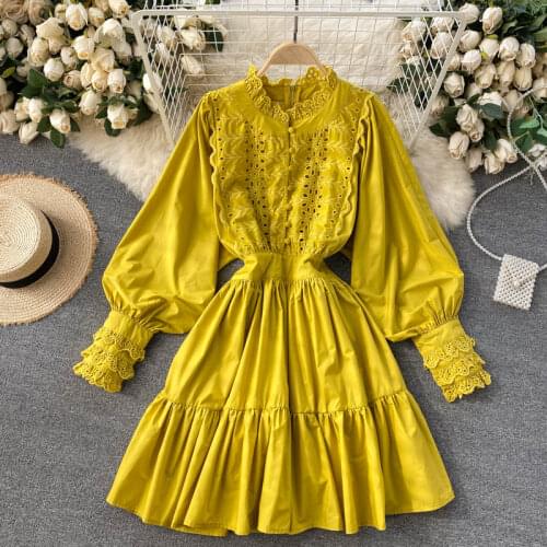 SINGREINY Women Hollow Ruffles Dress French Elegant Solid Long Sleeve A-line Dresses Spring Casual Fashion Fashion Short Dress
