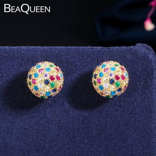 BeaQueen Delicate Multicolor Cubic Zircon Crystal Full Micro Paved Lovely Round Ball Stud Earrings Gold Color Women Jewelry E378
