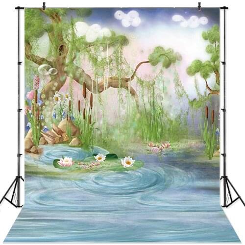 SeekPro Cartoon Photography Background Tree River Lotus Pond Firefly Children Wonderland Photophone Summer Photo Backdrop
