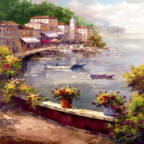 Wall art oil painting Italian Harbor handmade garden picture for room decor large canvas
