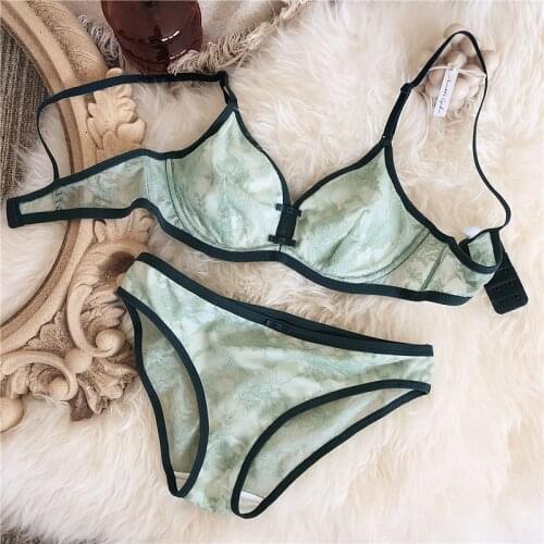 Chinese style retro floral embroidery cotton lace cup wire free underwear sets sexy intimates women bra and panty set green