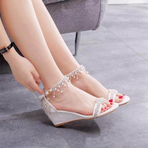 Crystal Queen Ladies Shoes Woman Pumps Wedge Summer Sandals Buckle Strap High Heels