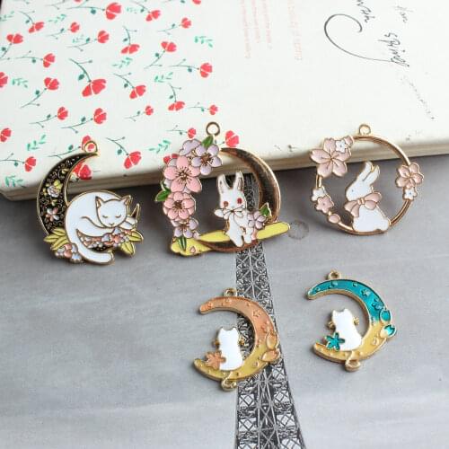 Kawaii Enamel Alloy Charms 50pcs Gold Tone Plated Cute Moon Floral Rabbit Cat Necklace Earring Bracelet Phone Chain Pendants