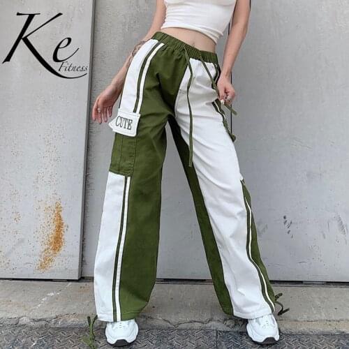 KE new street shooting contrast color stitching lace-up footwear overalls women high waist loose casual trousers women