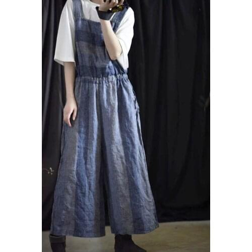 Women Spring Summer Linen Striped Jumpsuits Ladies Loose Wasited Overalls Female Vintage Flax Stripes Rompers