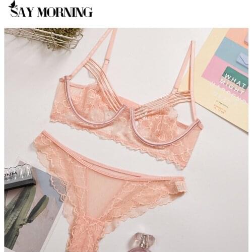 SAY MORNING New Style Womens Lace Thin Sexy Underwear Underwire Gather Bra and Panty Set Mesh See-through Erotic Lingerie Set