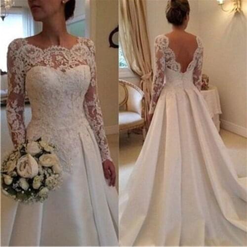 Lace Bridal Wedding Dresses Square Neckline with Long Sleeves Wedding Gowns for Bride Buttons Back 2021