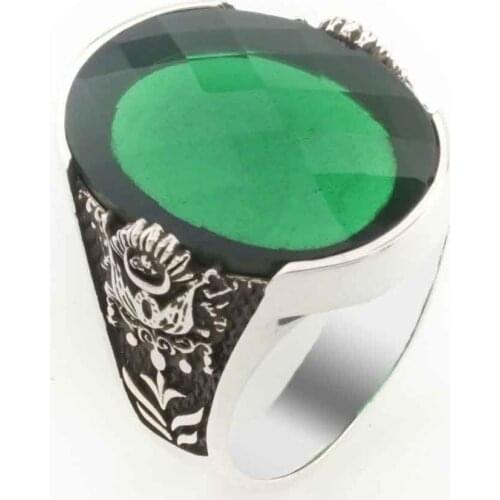 Ottoman State Crested Big Green Zircon Stone Men 'S Ring