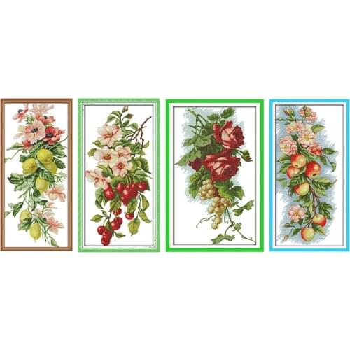 JoySunday Cherry Grape Rose Apple Count Cross Stitch Flowers and Fruits 11CT 14CT Cross Stitch Pattern Set DIY Embroidery Crafts