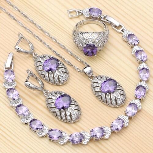925 Silver Sets Bridal Jewelry Kits For Women White Purple Cubic Zirconia Ring Bracelet Pendant Earrings Necklace Set