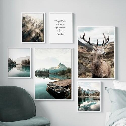Sika Deer Mountain Forest Lake Wall Art Canvas Painting Nordic Posters And Prints Landscape Wall Pictures For Living Room Decor
