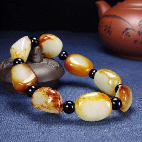 Natural Blue White Hand Carved Seed Material Original Stone with Shape Bracelet Fashion Mens and Womens White Jade Bracelet