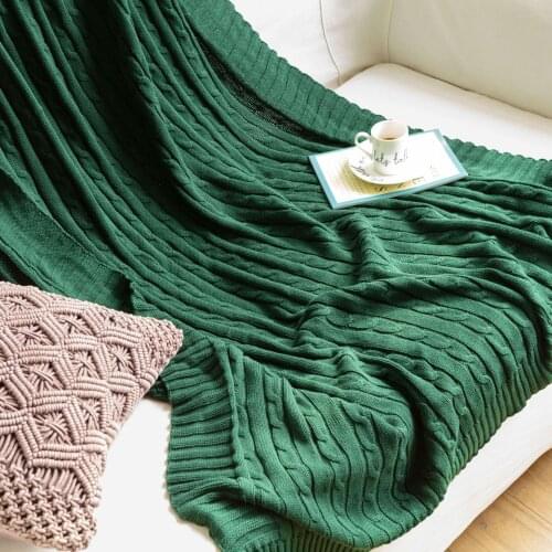 New Nordic 100%Cotton Knitted Blanket Green Beige Solid Throw Bedspread Sofa Chair Bed Cover For Spring Summer Autumn 180*200cm