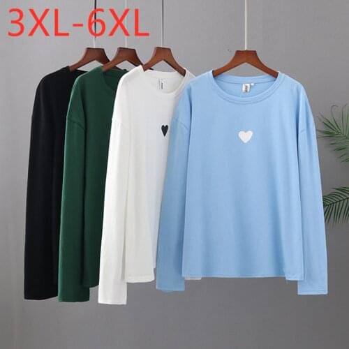 New 2021 Ladies Spring Autumn Plus Size Tops For Women Large Long Sleeve Loose Blue Cotton Print Heart T-shirt 3XL 4XL 5XL 6XL