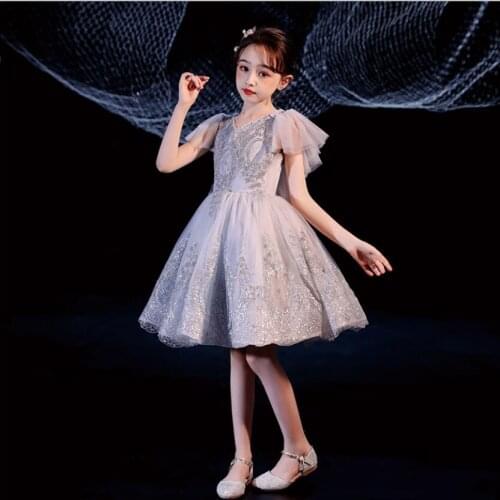 Gray Lace Siliver Flower Girl Dress V-Neck Kids Princess Girl Evening Gown Communion Dress For Weddings Communion Formal Clothes