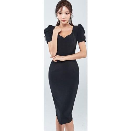 Puff Sleeve Black Sheath Dress Women V-Neck Buttons Korean Bodycorn Party Dress Split Knee-Length Office Lady Zipper 2021 C366