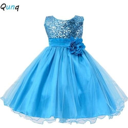 Qunq Children Princess Dress Summer Flower Kids Party Costume for Girls Mesh Sequined High Quality Toddler Teens Clothing