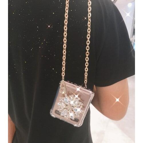 Luxury Glitter Rhinestone Phone Case for Samsung Galaxy Z Flip 5G Case with Metal Chain Messenger Bag for Samsung Z Flip Case