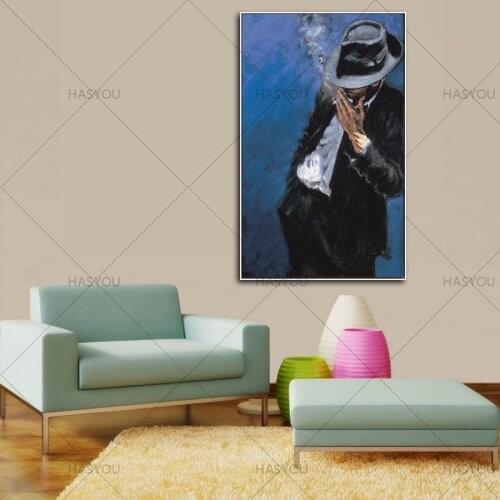 Hand Painted figure Oil Painting Hang Paintings Modern smooking man Picture wall Decor Pictures for restaurant coffee house bar