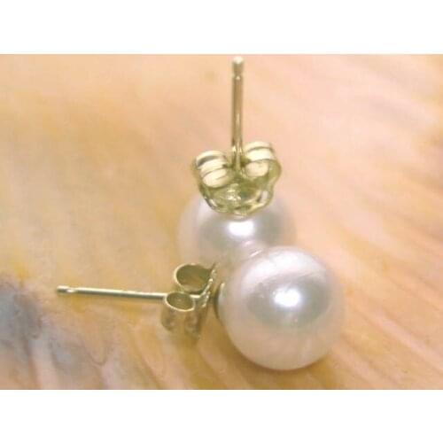Qingmos Natural White Pearl Earrings for Women with AAA 6-7mm Round Ball Freshwater Pearl Earring 14K Solid Gold Stud Earring