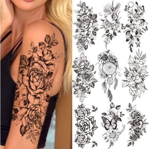 Sexy Peony Temporary Tattoos For Women Girls Drearmcatcher Flower Tattoos Sticker Black Butterfly Fake Bird Tatoos Half Sleeve