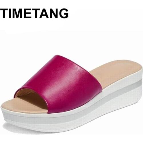 TIMETANG Summer Platform Genuine Leather Shoes 2019 New Women Wedges Sandals Slides Thick Heel SlippersE1315