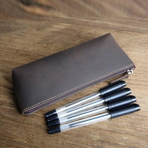 210mm large capacity zipper genuine leather pen bag pencil bag stationery organizer accessories for business office supply 1137