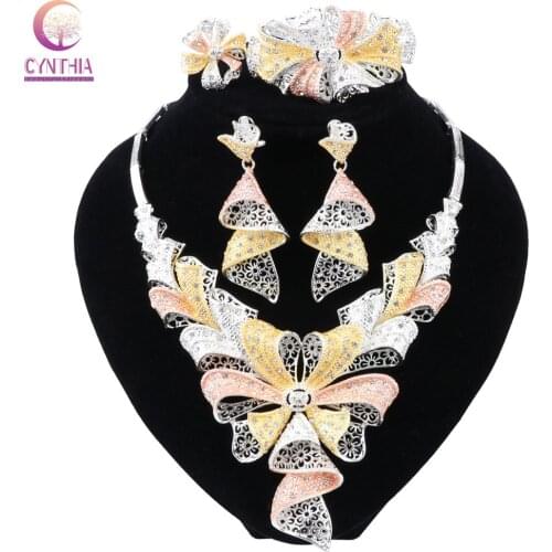 CYNTHIA Dubai Jewelry Sets Necklace Classic Flower Shape Bracelet Earrings Ring for Women Wedding Jewelry Sets for Bride