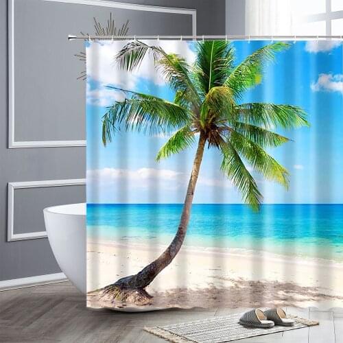 Green Tropical Plants Shower Curtain Beach Starfish Ocean World Home Bathroom Decor Bathtub Screen Fabric Hanging Curtains Set